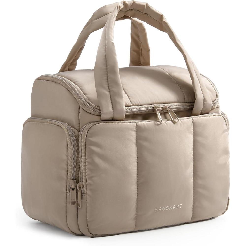 imageBAGSMART Toiletry Bag for Women with DualPadded Handles Puffy Lightweight Makeup Bag for Makeup Accessories Brushes Set TravelSized Container CamelLight Camel