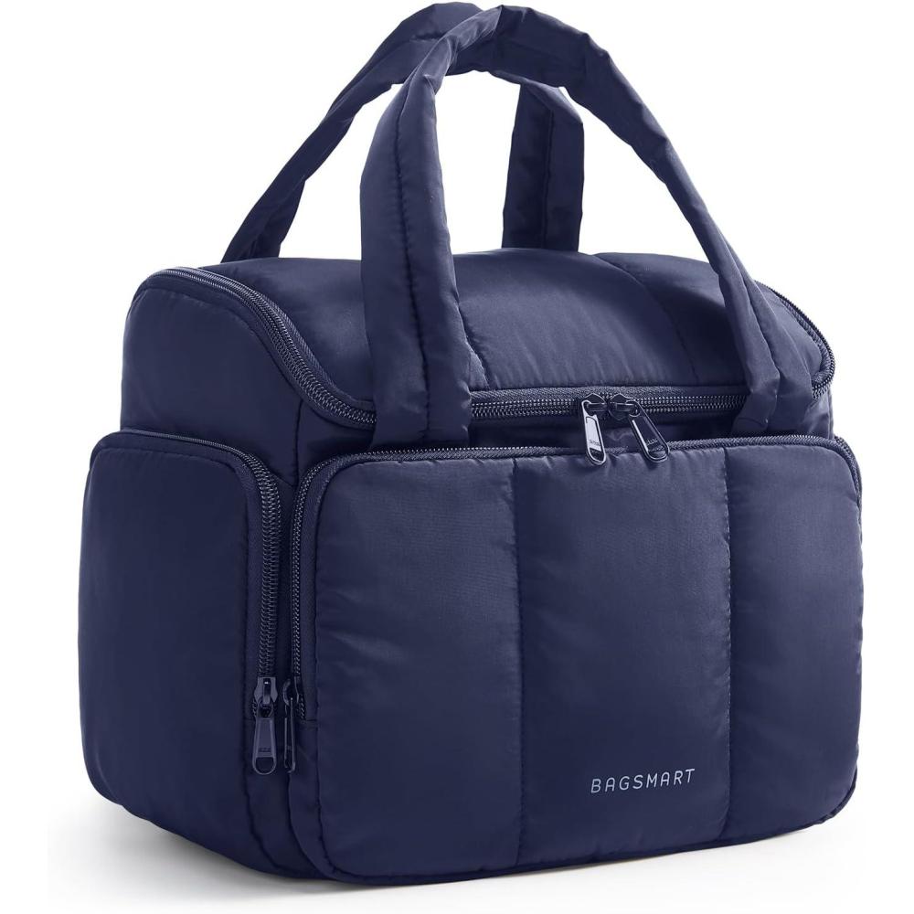 imageBAGSMART Toiletry Bag for Women with DualPadded Handles Puffy Lightweight Makeup Bag for Makeup Accessories Brushes Set TravelSized Container CamelNavy Blue