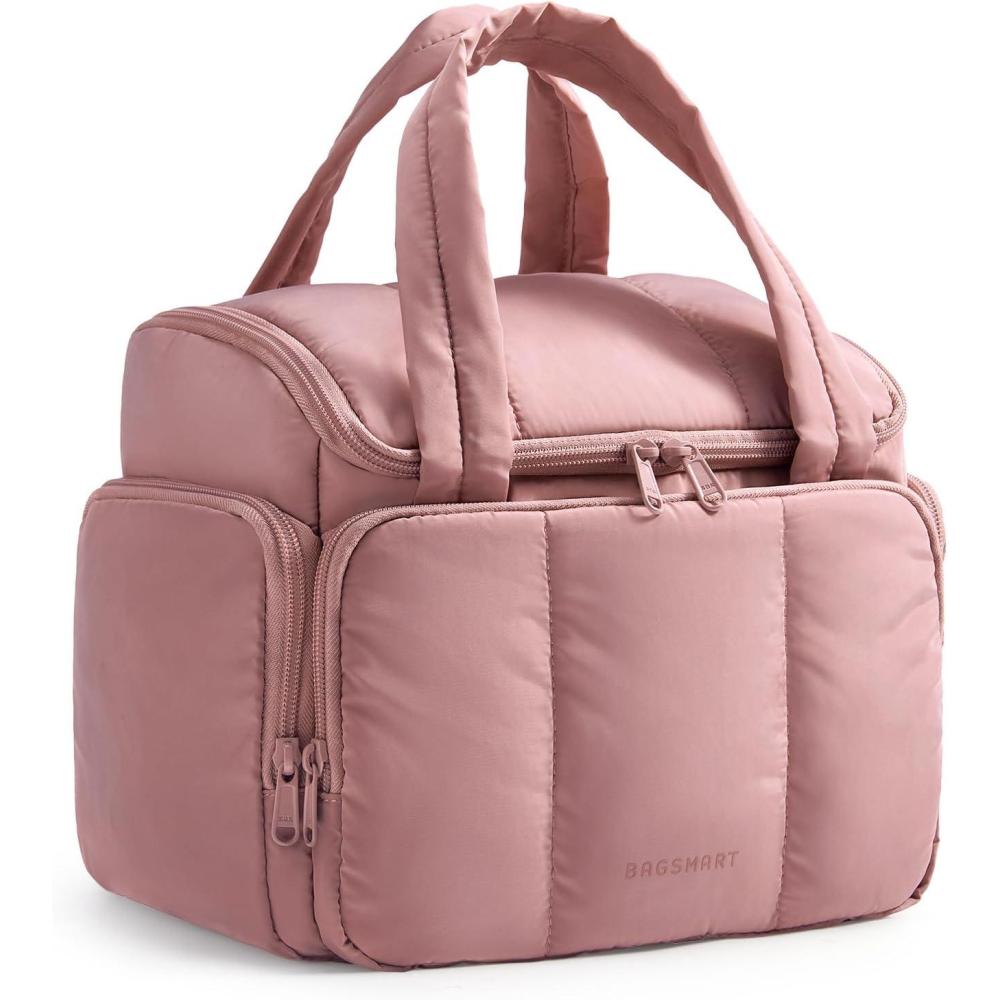 imageBAGSMART Toiletry Bag for Women with DualPadded Handles Puffy Lightweight Makeup Bag for Makeup Accessories Brushes Set TravelSized Container CamelNude Pink