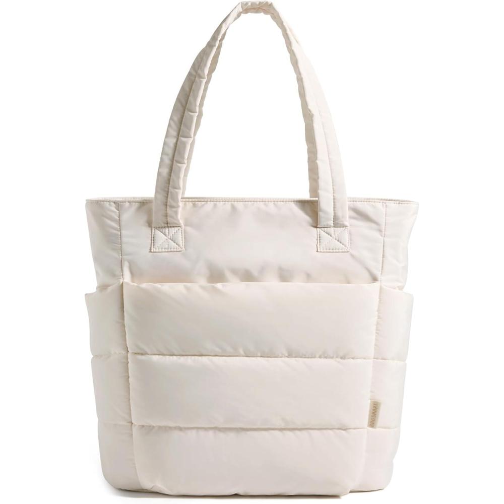 imageBAGSMART Tote Bag for Women Lightweight Puffy Tote Bag with Compartments Shoulder Bag Handbag for Travel Work GymSlim Sizebeige