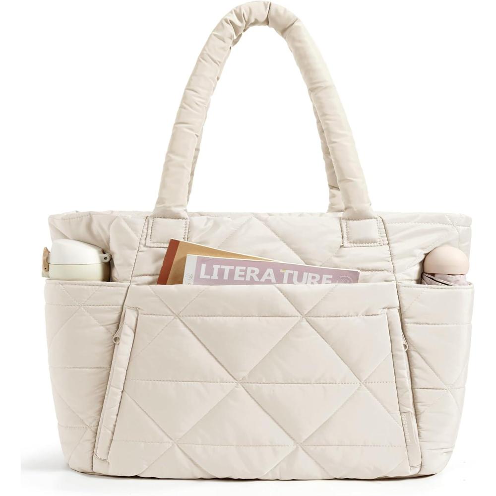 imageBAGSMART Tote Bag for Women Puffy Tote Bag with Zipper Large Quilted Shoulder Bag with Compartments for Travel Work GymAbeige