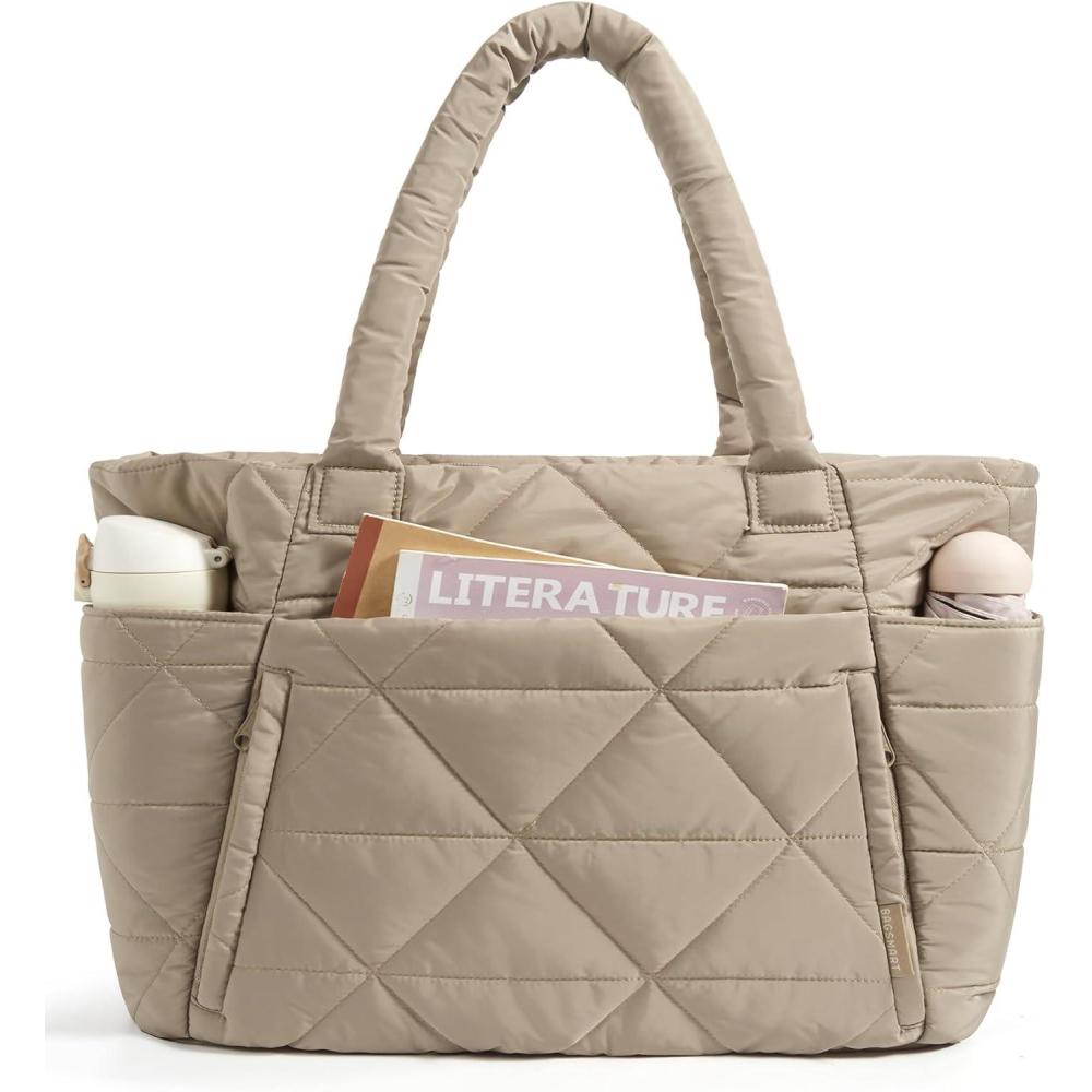 imageBAGSMART Tote Bag for Women Puffy Tote Bag with Zipper Large Quilted Shoulder Bag with Compartments for Travel Work GymCgrayish Brown