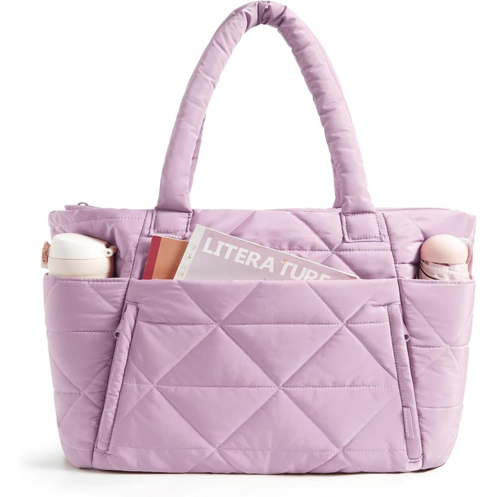 imageBAGSMART Tote Bag for Women Puffy Tote Bag with Zipper Large Quilted Shoulder Bag with Compartments for Travel Work GymEpurple