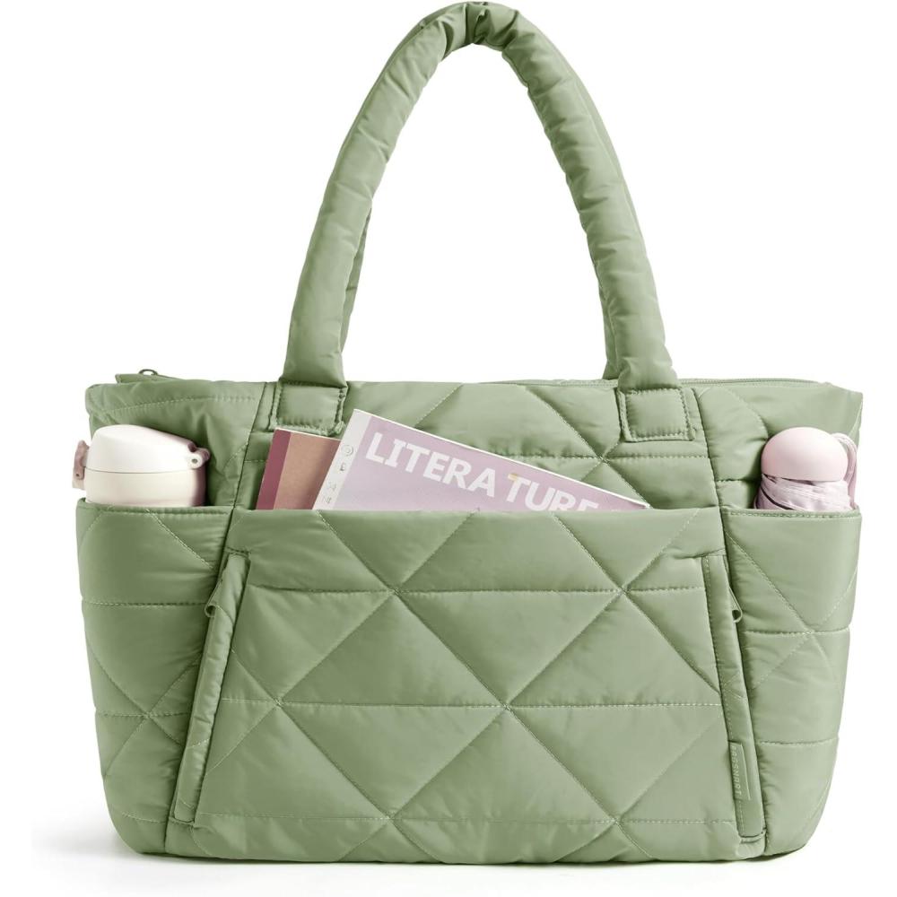 imageBAGSMART Tote Bag for Women Puffy Tote Bag with Zipper Large Quilted Shoulder Bag with Compartments for Travel Work GymGreen