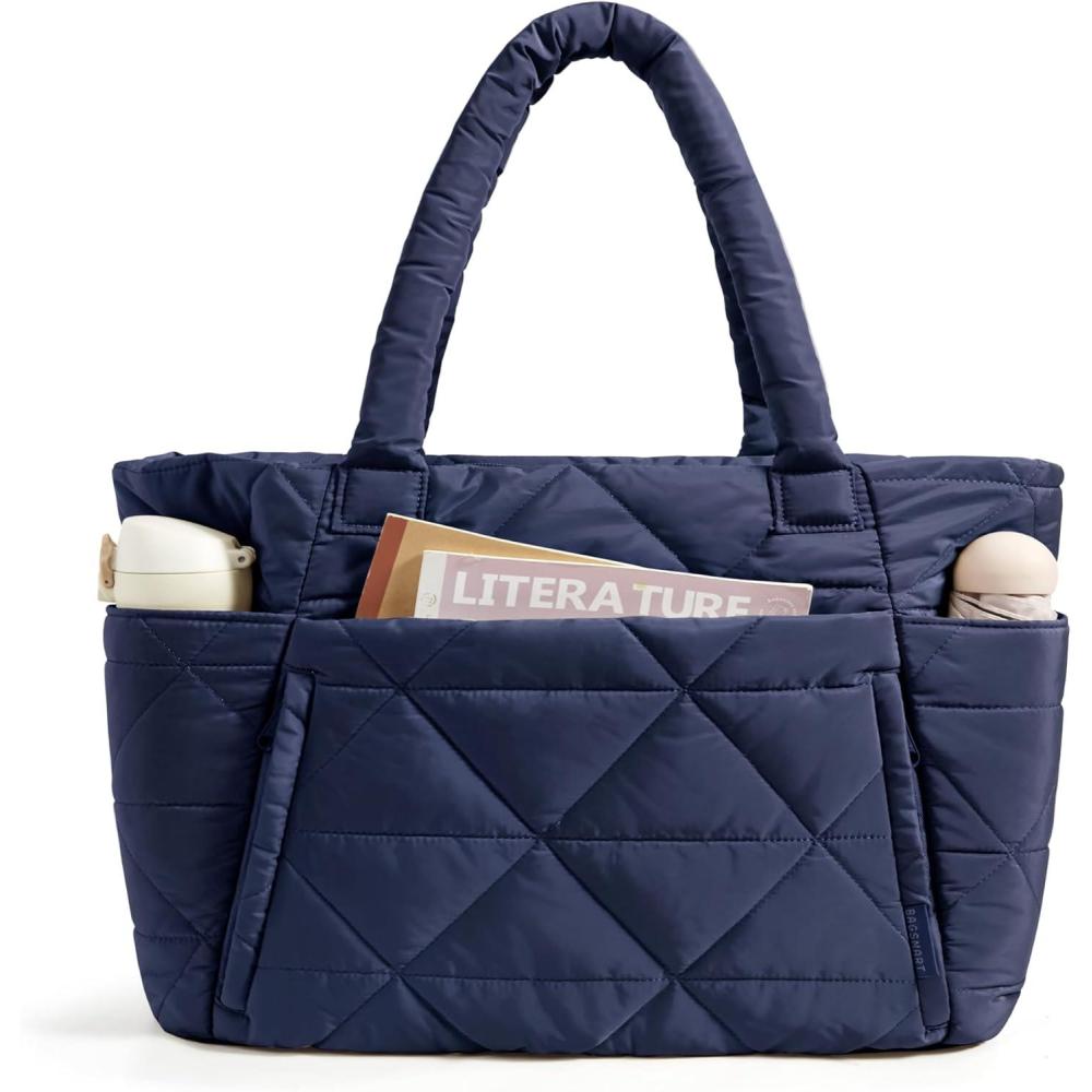 imageBAGSMART Tote Bag for Women Puffy Tote Bag with Zipper Large Quilted Shoulder Bag with Compartments for Travel Work GymNavy Blue