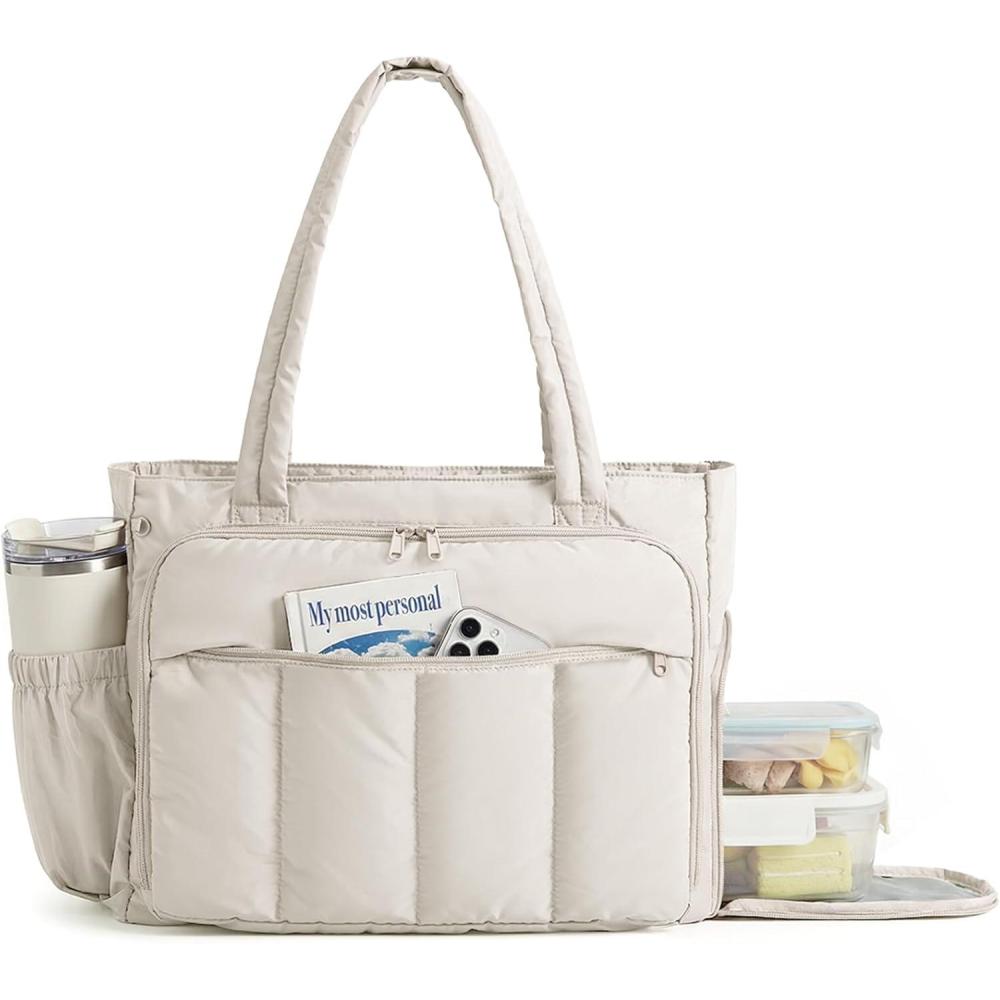 imageBAGSMART Tote Bag for Women Teacher Tote with Insulated Compartment Large Puffer Work Tote Handbags for WorkDark Beige