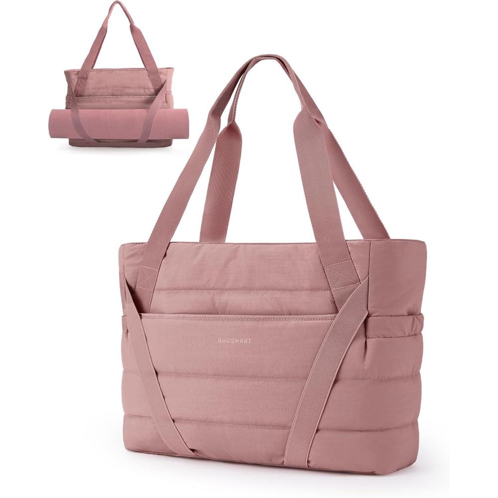 imageBAGSMART Tote Bag for Women with Zipper and Yoga Mat Straps Quilted Gym Tote for Travel Work SportDark Pink