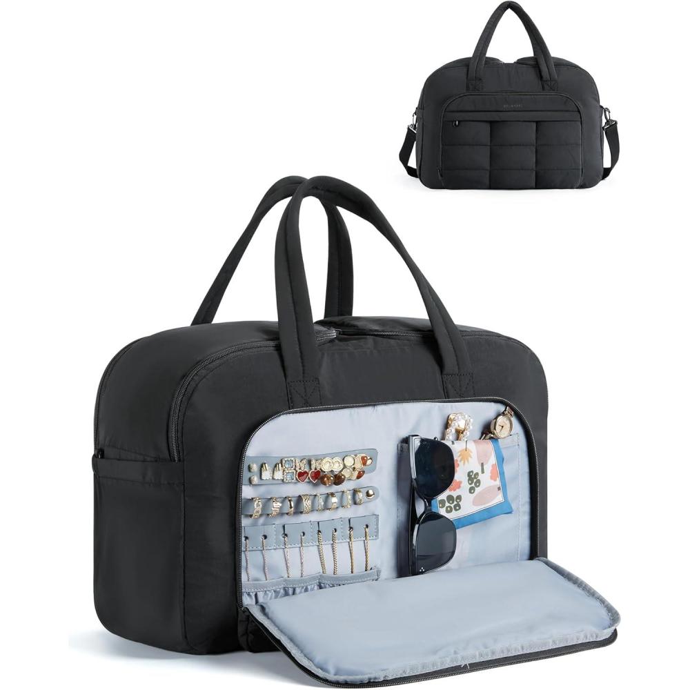 imageBAGSMART Travel Duffel Bag Carry on Travel Bag with Jewelry Compartment 35L Weekender Duffle for Women Water Resistant Light TanBlack