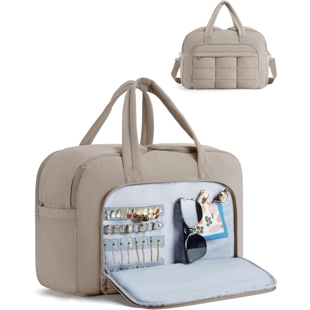 imageBAGSMART Travel Duffel Bag Carry on Travel Bag with Jewelry Compartment 35L Weekender Duffle for Women Water Resistant Light TanLight Tan