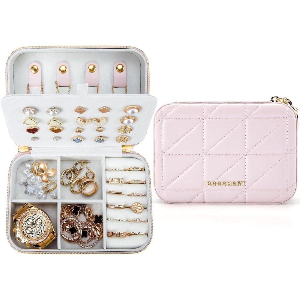 imageBAGSMART Travel Jewelry Box Small PU Leather Jewelry Organizer Portable Double Layer Case for Necklaces Rings Earrings Bracelets PinkPink