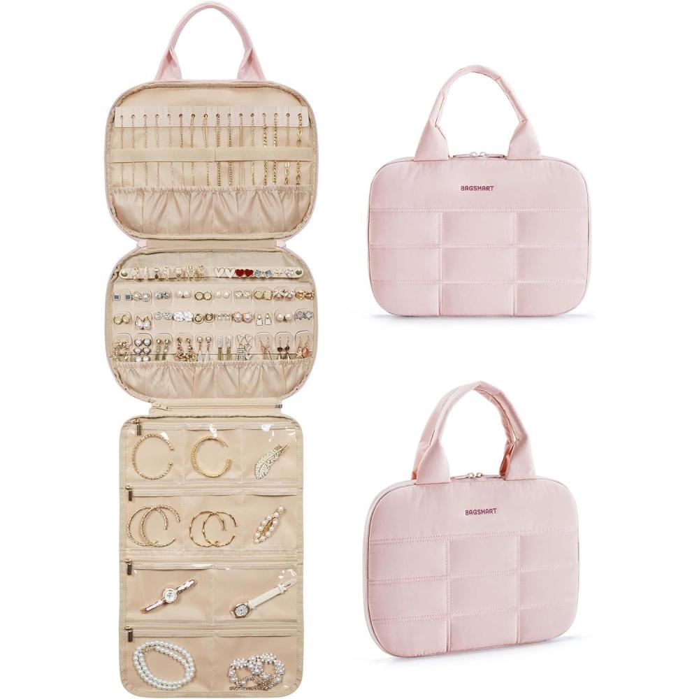 imageBAGSMART Travel Jewelry Case Hanging Jewelry Organizer with Zipper Pockets Large Capacity Puffy Jewelry Roll for Earrings Necklaces Rings on Closet Wall Door Portable Travel Essentials Pink