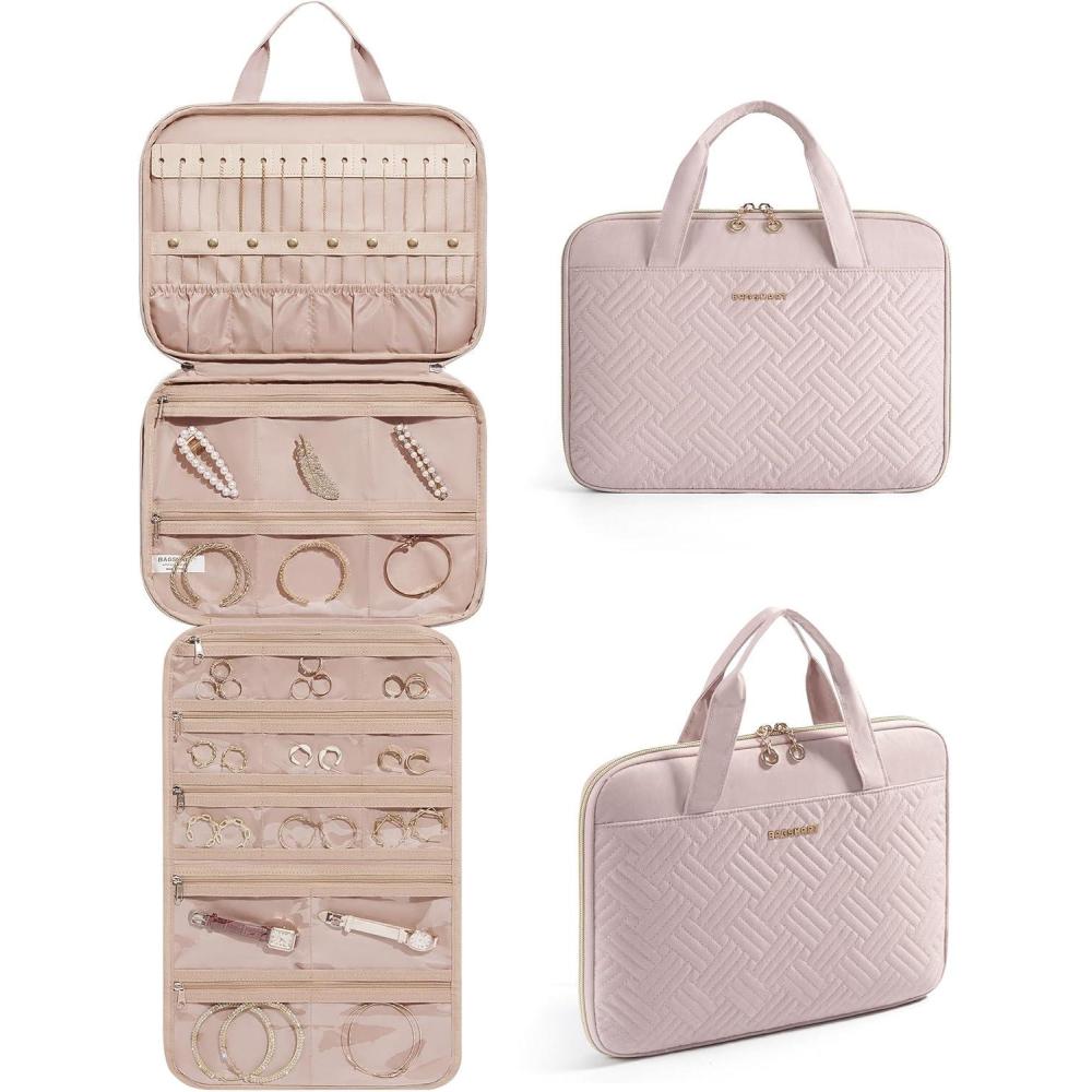 imageBAGSMART Travel Jewelry Case Hanging Roll Jewelry Bag with Zipper Pockets Jewelry from Oxidation Large Capacity for Earrings Necklaces Rings on Closet Wall Door Portable Travel Essentials PinkPink