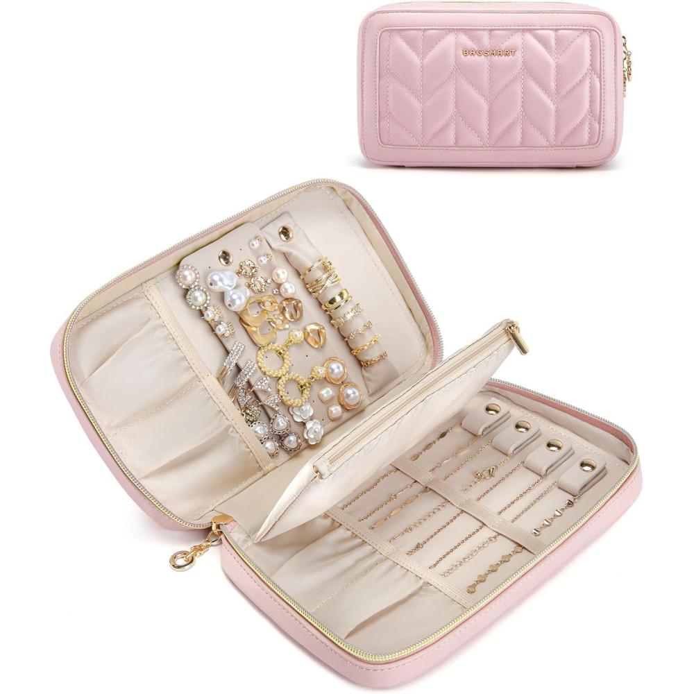 imageBAGSMART Travel Jewelry Case Jewelry Box Organizers and Storage Earings Holder Organizer for Women for Necklaces Bracelets RingsBlackAPink