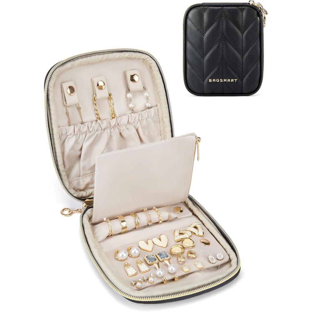 imageBAGSMART Travel Jewelry Case Jewelry Box Organizers and Storage Earings Holder Organizer for Women for Necklaces Bracelets RingsBlackBBlack