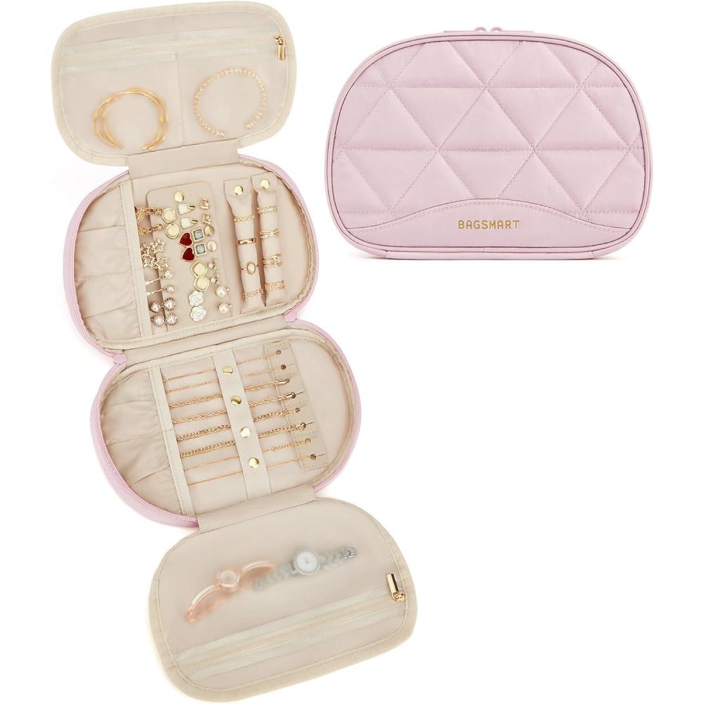 imageBAGSMART Travel Jewelry Case Jewelry Organizer Storage Roll Rings Necklaces Earrings Bracelets Brooches Watch Large Portable Light PinkALight Pink