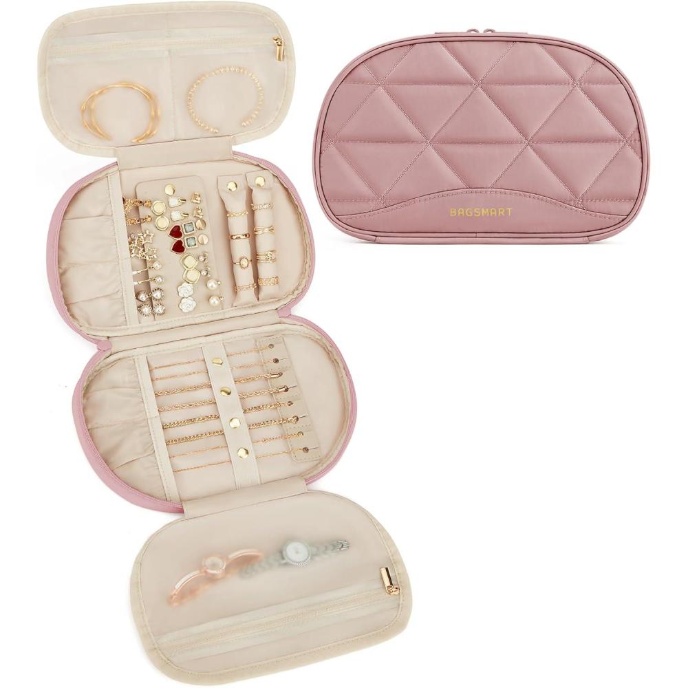 imageBAGSMART Travel Jewelry Case Jewelry Organizer Storage Roll Rings Necklaces Earrings Bracelets Brooches Watch Large Portable Light PinkANude Pink
