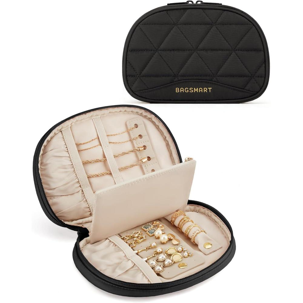 imageBAGSMART Travel Jewelry Case Jewelry Organizer Storage Roll Rings Necklaces Earrings Bracelets Brooches Watch Large Portable Light PinkBBlack
