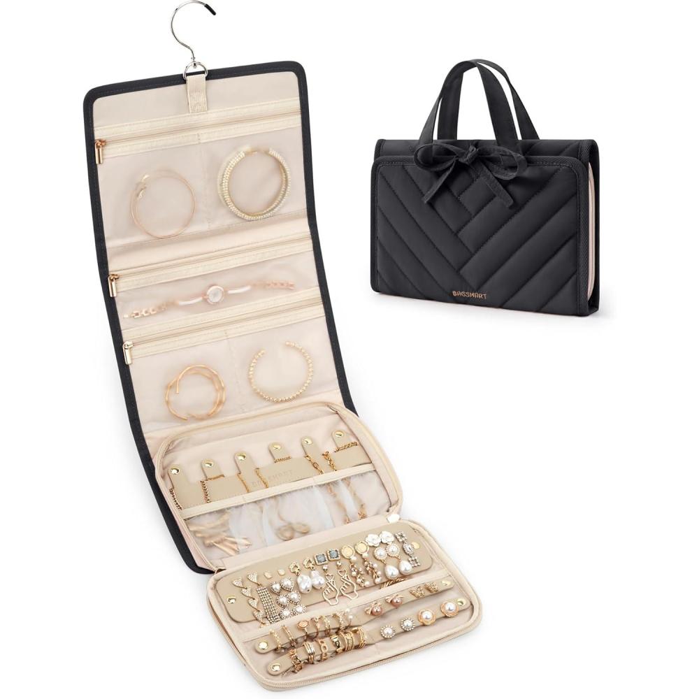 imageBAGSMART Travel Jewelry Case Organizer Large Capacity Foldable Jewelry Roll for Journey Rings Necklaces Earrings Bracelets Fashion Black