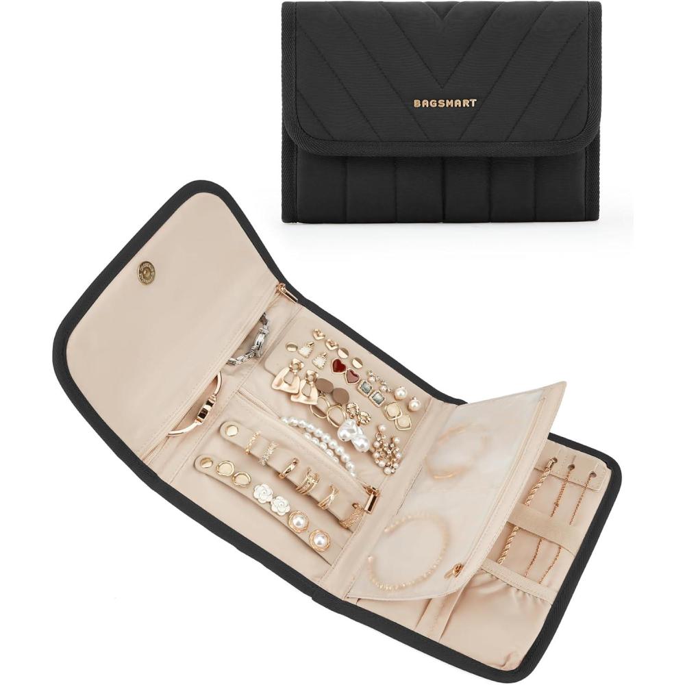 imageBAGSMART Travel Jewelry Organizer Case Foldable Jewelry Roll for Necklaces Earrings JourneyRings Bracelets Brooches Portable PinkABlack