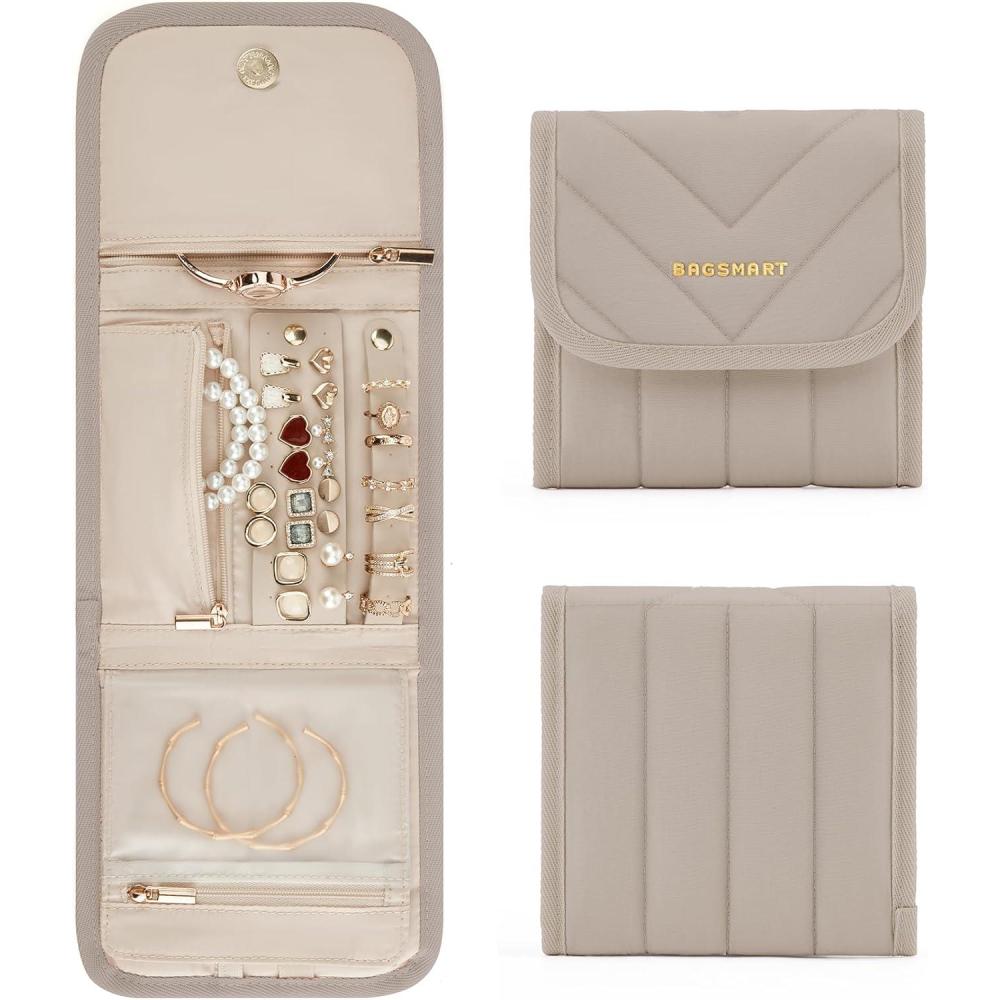 imageBAGSMART Travel Jewelry Organizer Case Foldable Jewelry Roll for Necklaces Earrings JourneyRings Bracelets Brooches Portable PinkBCamel