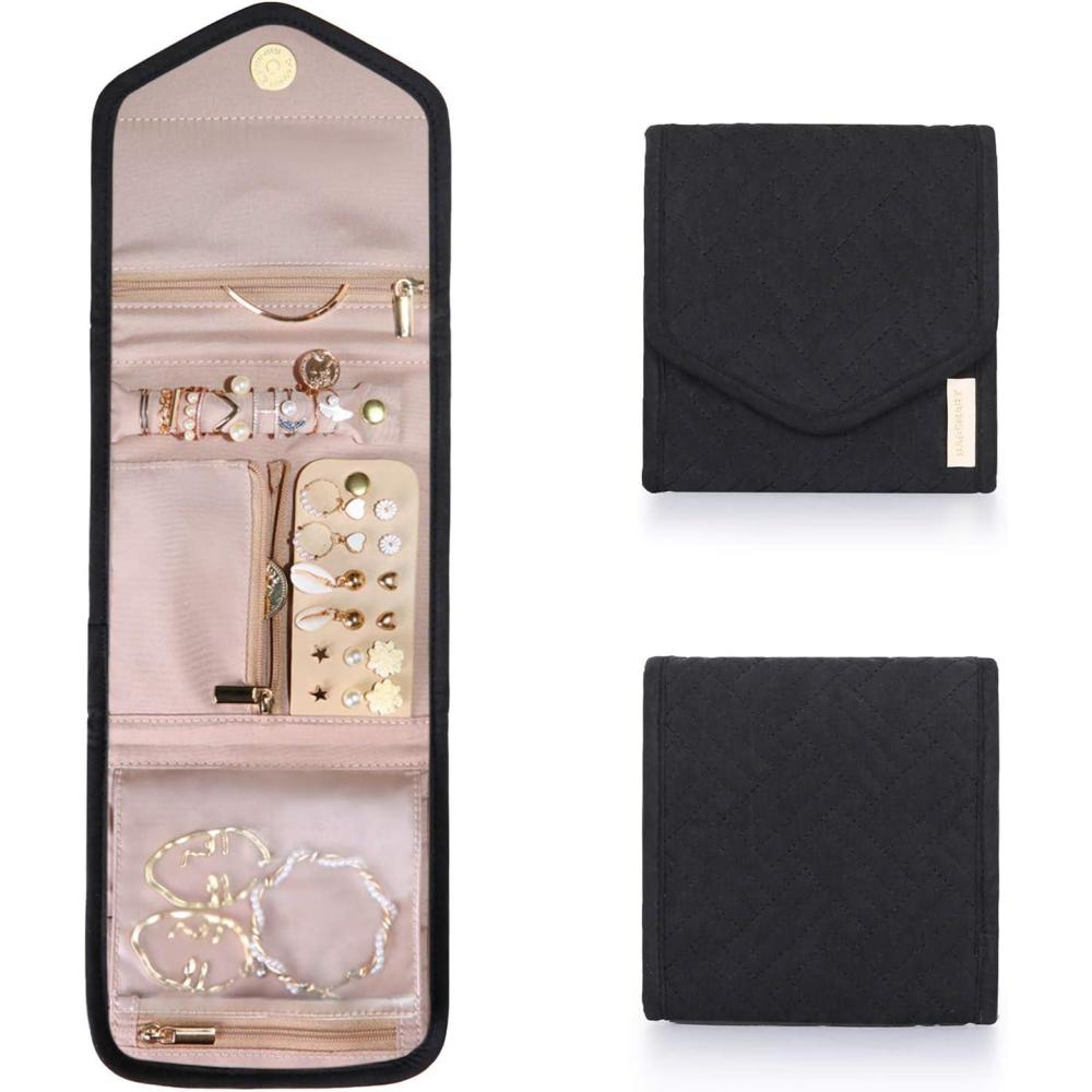 imageBAGSMART Travel Jewelry Organizer Case Foldable Small Jewelry Roll for Journey Rings Necklaces Earrings BraceletsMiniSoft PinkBlack