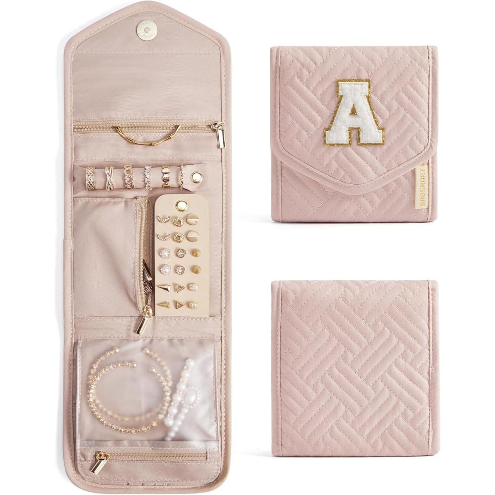 imageBAGSMART Travel Jewelry Organizer Case Foldable Small Jewelry Roll for Journey Rings Necklaces Earrings BraceletsMiniSoft PinkPInkA