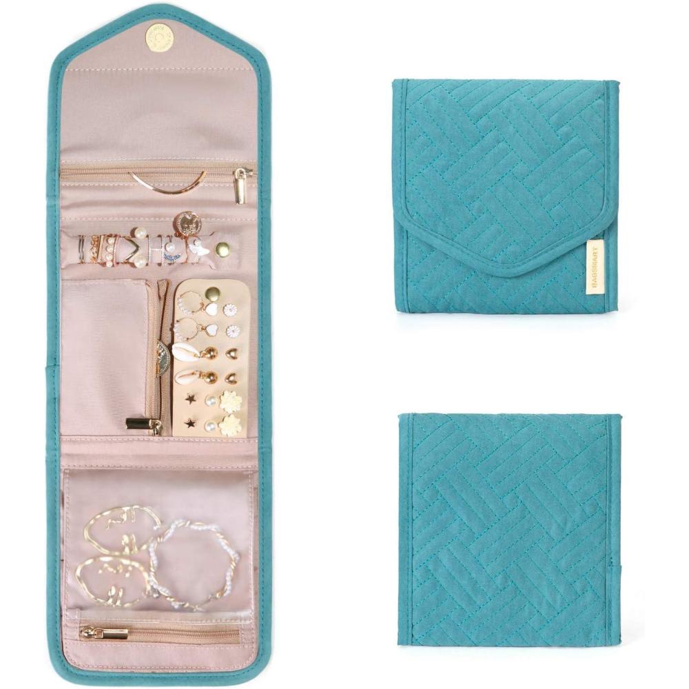 imageBAGSMART Travel Jewelry Organizer Case Foldable Small Jewelry Roll for Journey Rings Necklaces Earrings BraceletsMiniSoft PinkTeal