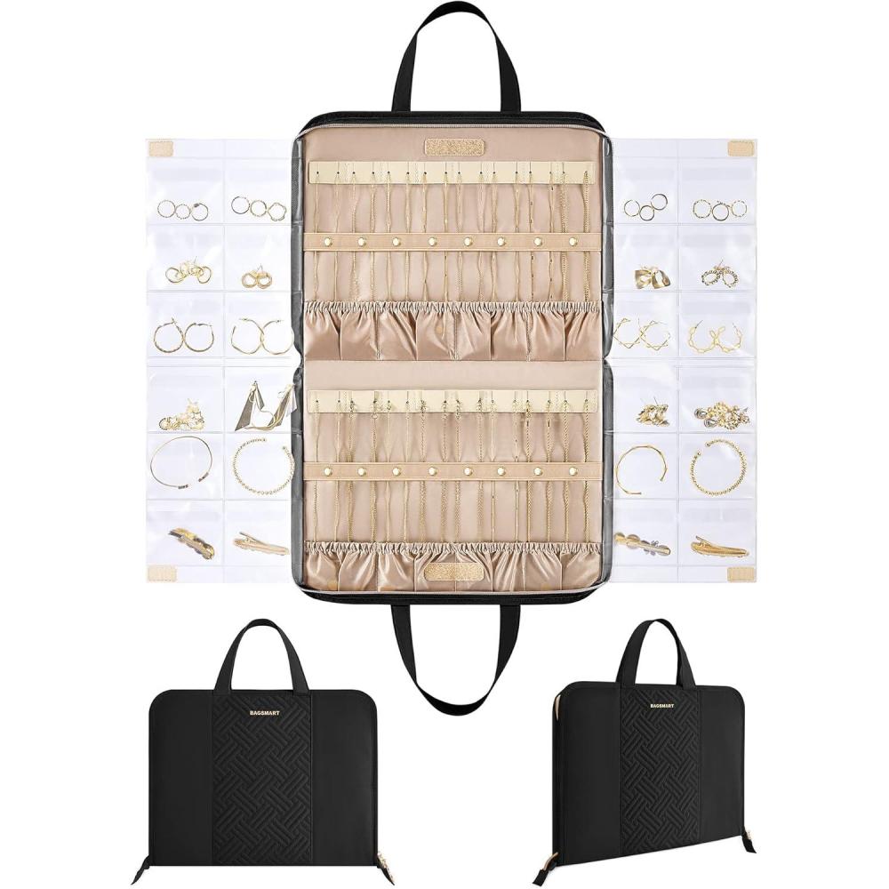 imageBAGSMART Travel Jewelry Organizer Case Portable Jewelry Roll Bag Tanglefree Necklace Storage Foldable Transparent Pockets for Earrings Rings Bracelet Travel Essentials BlackBlack