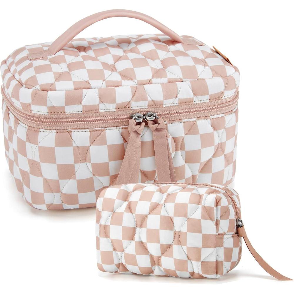 imageBAGSMART Travel Makeup Bag 2Piece Puffy Quilted Cute Make Up Bag Cosmetic Bags for Women Large WideOpen Toiletry Pouch Gifts for Toiletries Accessories Travelling Essentials PinkCheckered Khaki