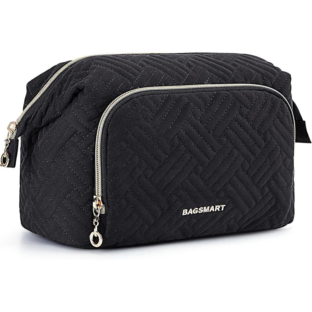 imageBAGSMART Travel Makeup Bag Cosmetic Bag Make Up Organizer CaseLarge Wideopen Pouch for Women Purse for Toiletries Accessories BrushesC1 Layer Black