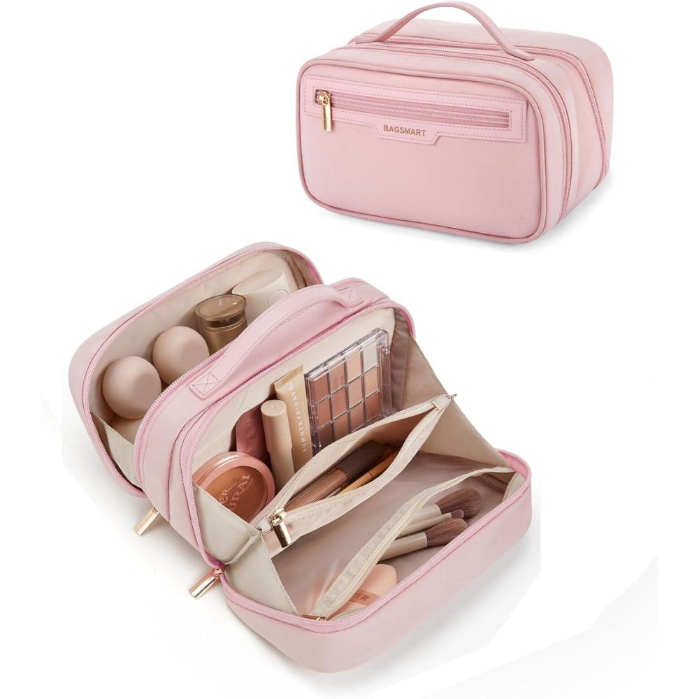 imageBAGSMART Travel Makeup Bag Make Up Bag with Multiple Compartments for Organizer Durable ampamp Compact Cosmetic Organizer for Women for Travel Accessories BeigePink
