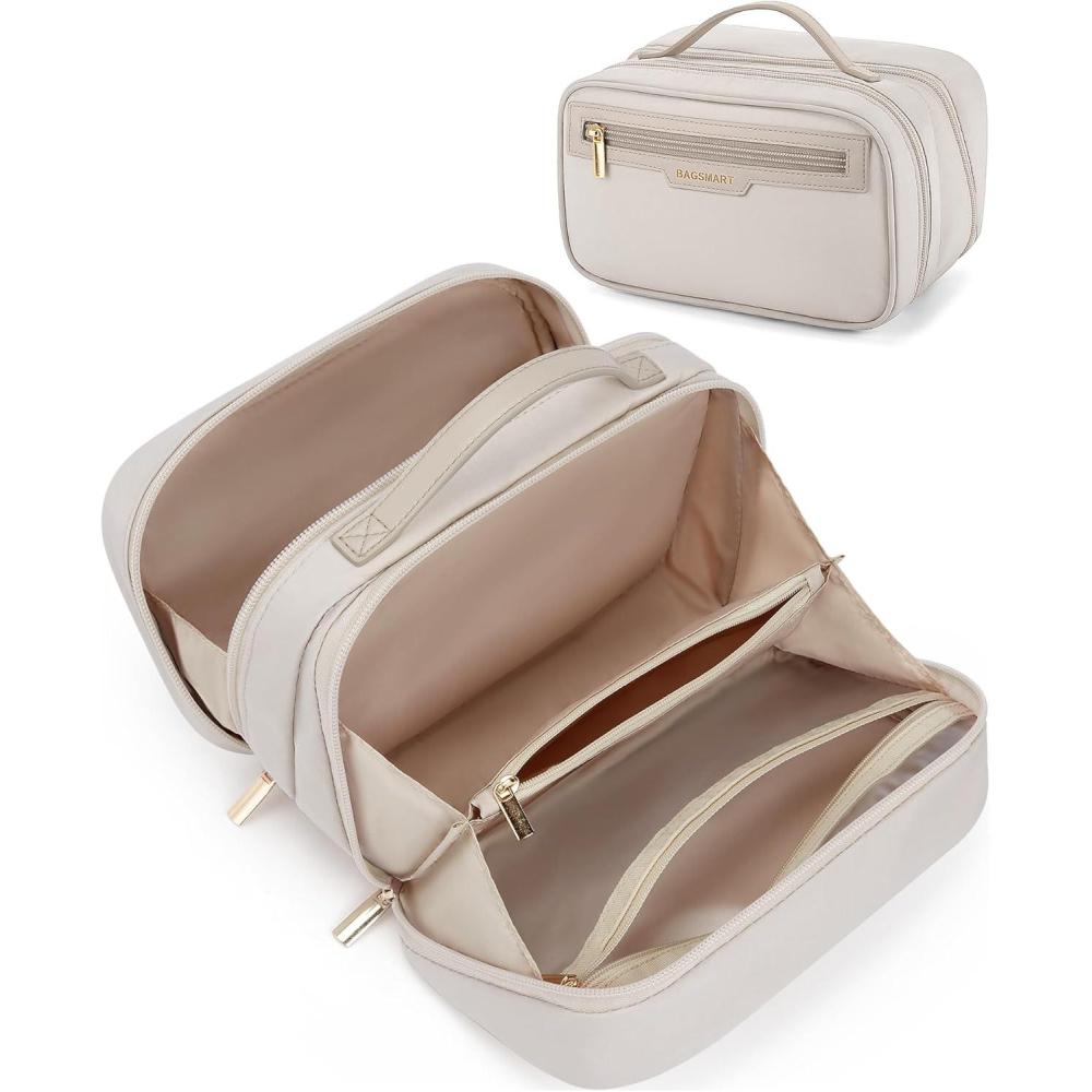 imageBAGSMART Travel Makeup Bag Make Up Bag with Multiple Compartments for Organizer Durable ampamp Compact Cosmetic Organizer for Women for Travel Accessories BeigeWarm gray