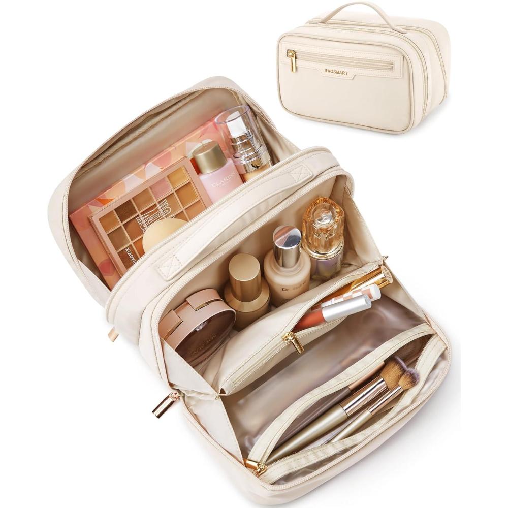 imageBAGSMART Travel Makeup Bag Make Up Bag with Multiple Compartments for Organizer Durable ampamp Compact Cosmetic Organizer for Women for Travel Accessories BeigeBeige