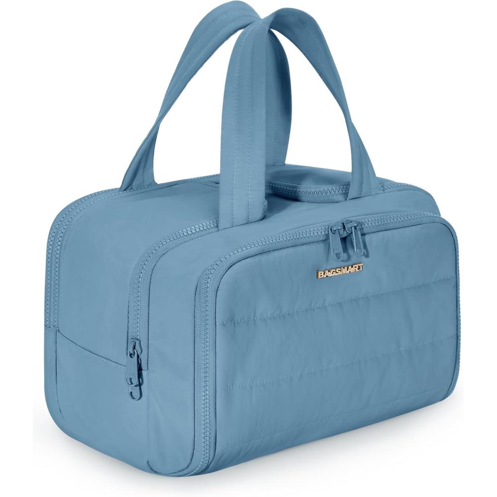 imageBAGSMART Travel Toiletry Bag Lightweight Large Wideopen Travel Bag for Women Puffy Cosmetic Makeup Bag Organizer with Handle for AccessoriesEssentials Toiletries BlackhSteel Blue