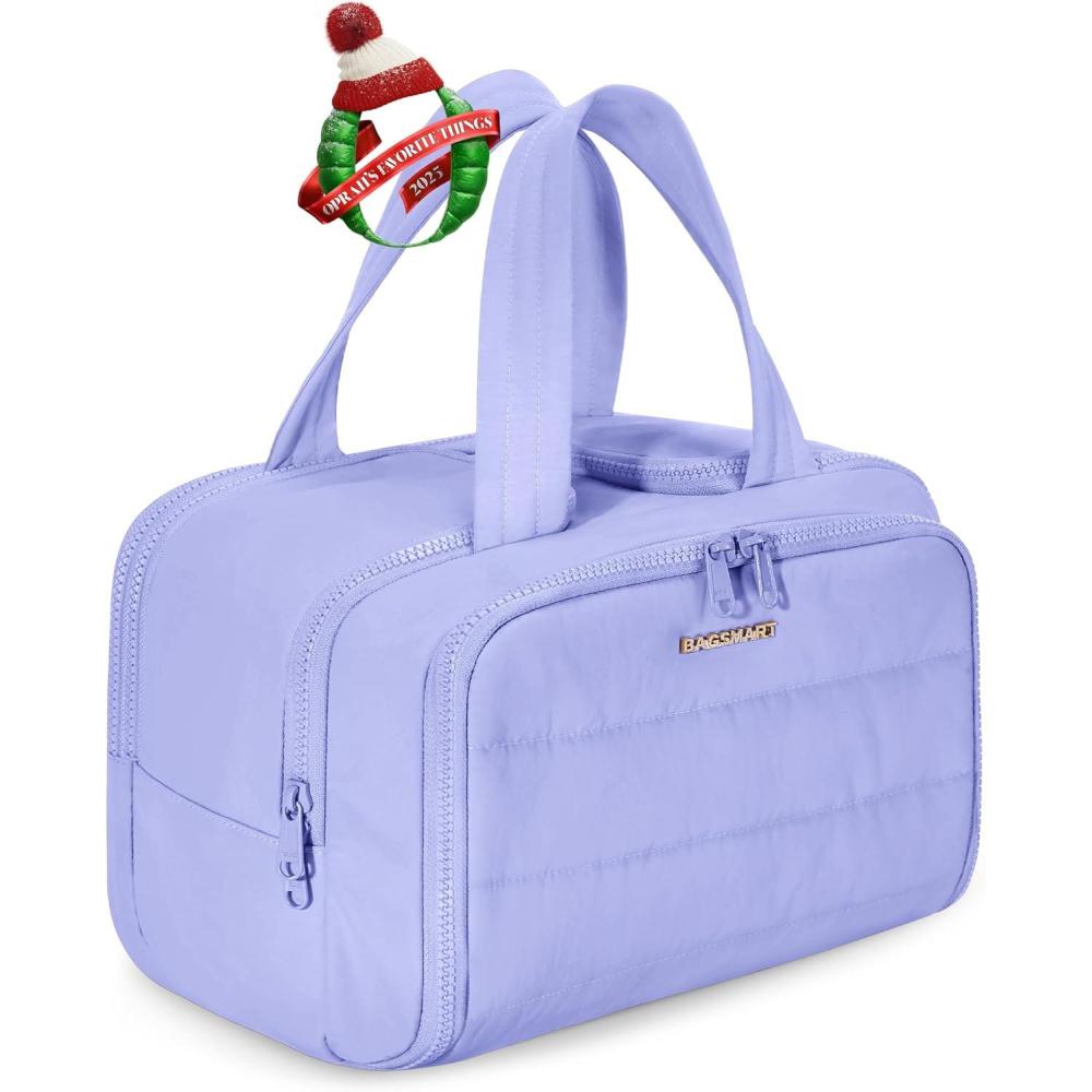 imageBAGSMART Travel Toiletry Bag Lightweight Large Wideopen Travel Bag for Women Puffy Cosmetic Makeup Bag Organizer with Handle for AccessoriesEssentials Toiletries BlackdLight Purple