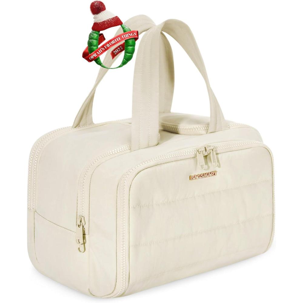 imageBAGSMART Travel Toiletry Bag Lightweight Large Wideopen Travel Bag for Women Puffy Cosmetic Makeup Bag Organizer with Handle for AccessoriesEssentials Toiletries BlackdBeige