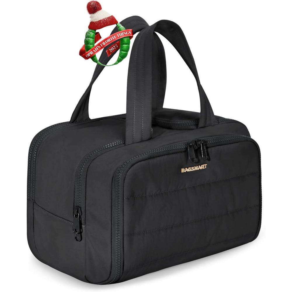 imageBAGSMART Travel Toiletry Bag Lightweight Large Wideopen Travel Bag for Women Puffy Cosmetic Makeup Bag Organizer with Handle for AccessoriesEssentials Toiletries BlackBlack