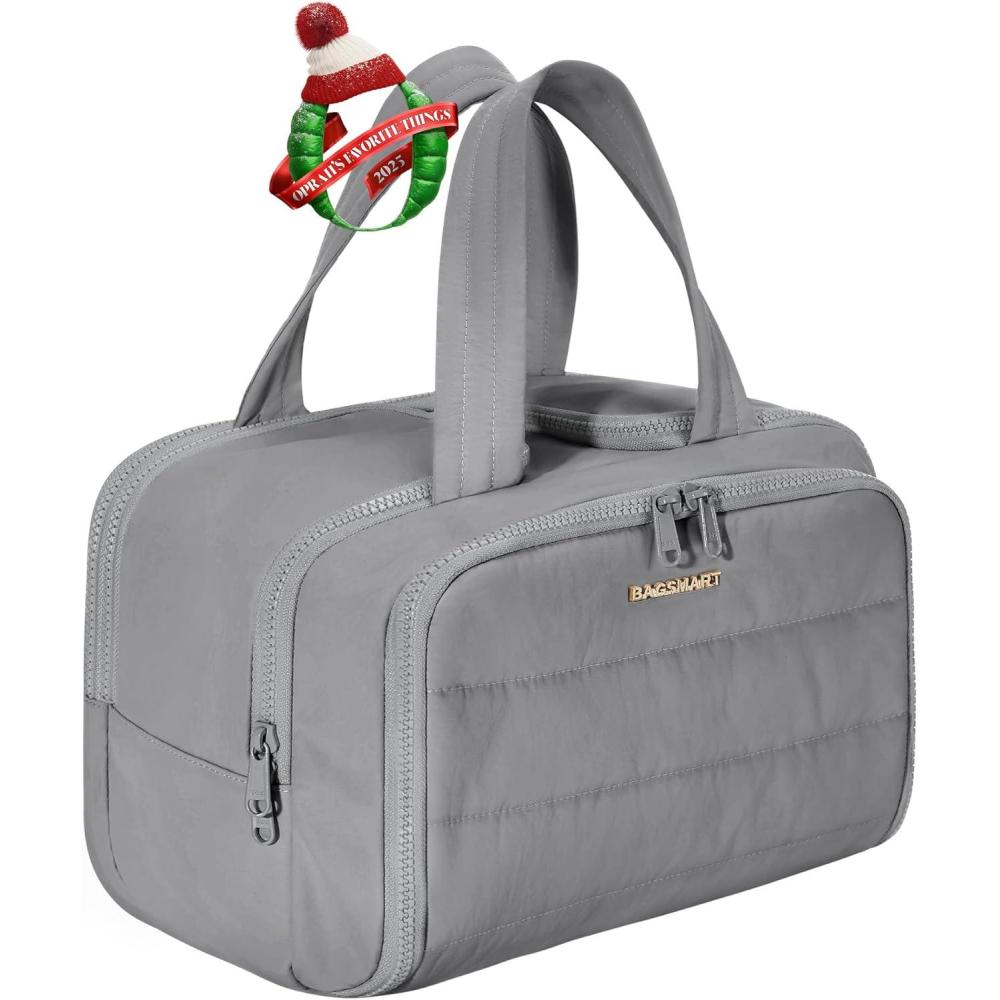 imageBAGSMART Travel Toiletry Bag Lightweight Large Wideopen Travel Bag for Women Puffy Cosmetic Makeup Bag Organizer with Handle for AccessoriesEssentials Toiletries BlackeGrey