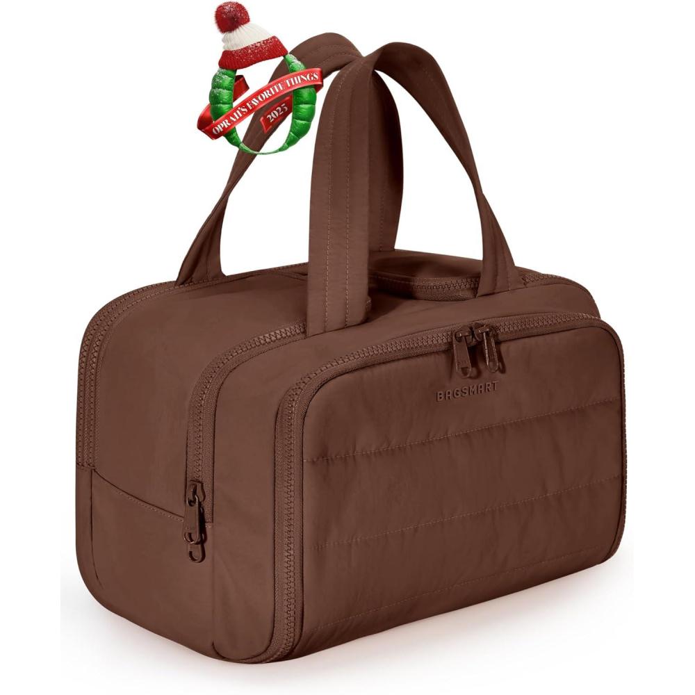 imageBAGSMART Travel Toiletry Bag Lightweight Large Wideopen Travel Bag for Women Puffy Cosmetic Makeup Bag Organizer with Handle for AccessoriesEssentials Toiletries BlackgCoffee Brown