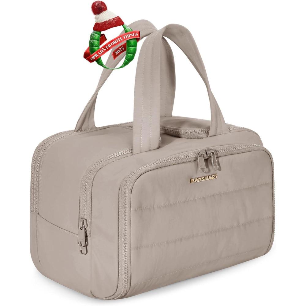 imageBAGSMART Travel Toiletry Bag Lightweight Large Wideopen Travel Bag for Women Puffy Cosmetic Makeup Bag Organizer with Handle for AccessoriesEssentials Toiletries BlackcGrayish Brown
