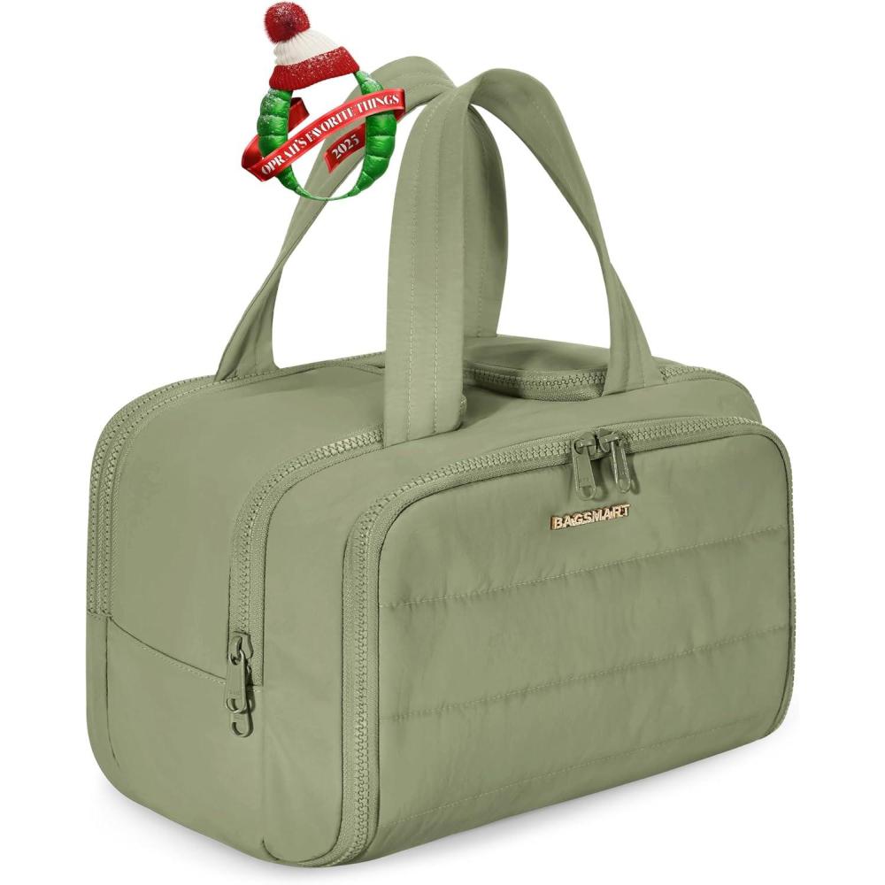 imageBAGSMART Travel Toiletry Bag Lightweight Large Wideopen Travel Bag for Women Puffy Cosmetic Makeup Bag Organizer with Handle for AccessoriesEssentials Toiletries BlackeArmy Green