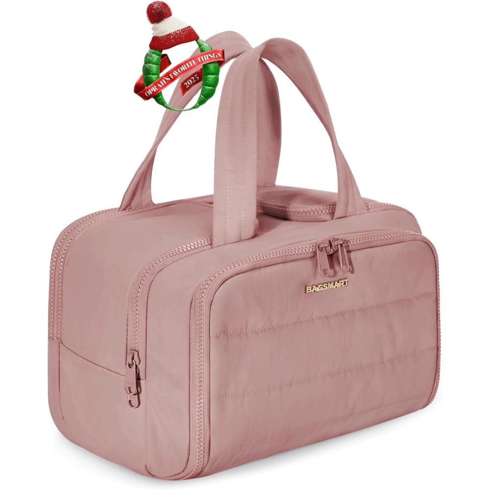 imageBAGSMART Travel Toiletry Bag Lightweight Large Wideopen Travel Bag for Women Puffy Cosmetic Makeup Bag Organizer with Handle for AccessoriesEssentials Toiletries BlackDark Pink