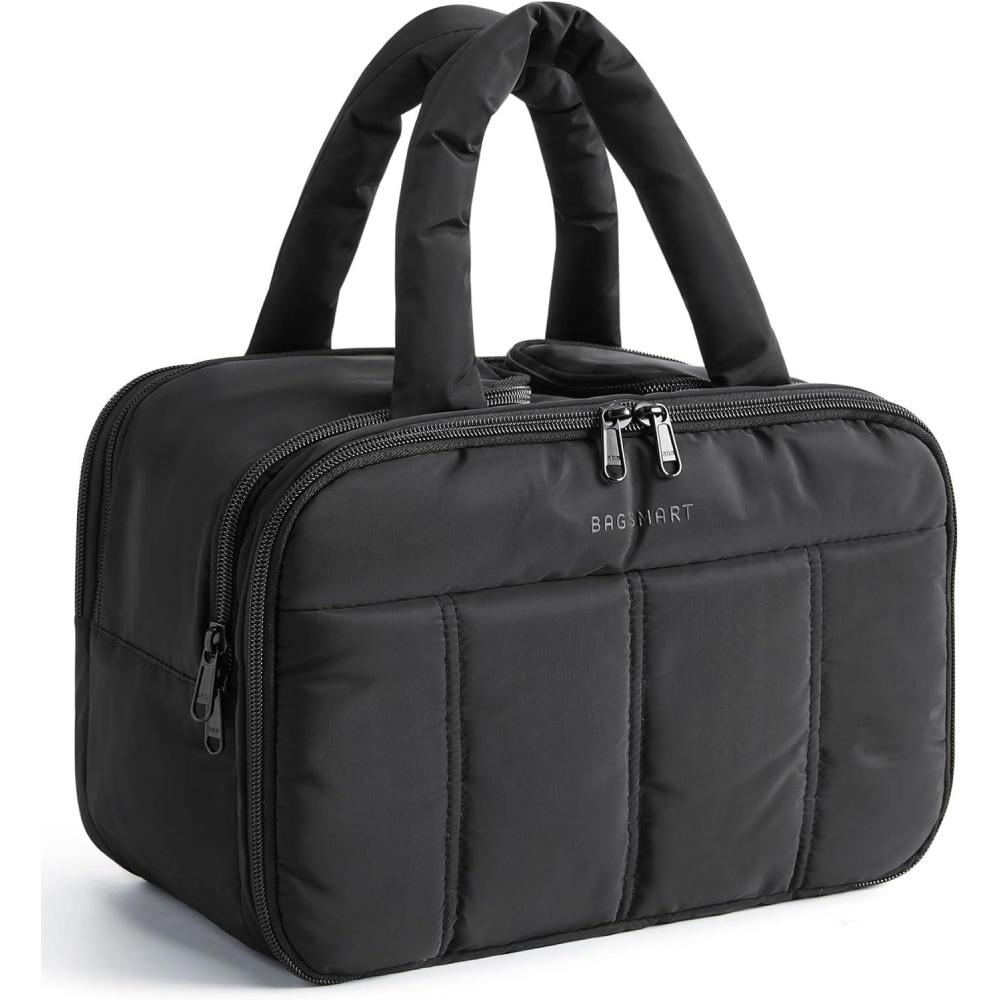 imageBAGSMART Travel Toiletry Bag Puffy Large Toiletry Bag for Women Lightweight Cosmetic Makeup Bag Organizer with Handle for Traveling Accessories Essentials Toiletries BlackBBlack