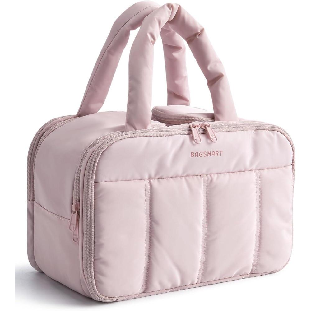 imageBAGSMART Travel Toiletry Bag Puffy Large Toiletry Bag for Women Lightweight Cosmetic Makeup Bag Organizer with Handle for Traveling Accessories Essentials Toiletries BlackFLight Pink