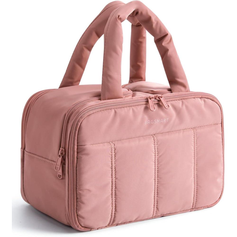 imageBAGSMART Travel Toiletry Bag Puffy Large Toiletry Bag for Women Lightweight Cosmetic Makeup Bag Organizer with Handle for Traveling Accessories Essentials Toiletries BlackADark Pink