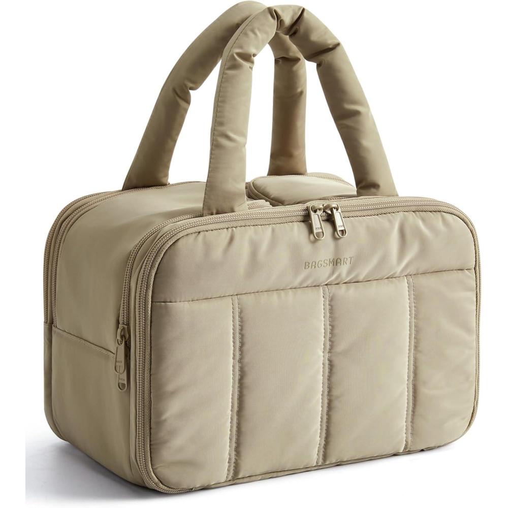 imageBAGSMART Travel Toiletry Bag Puffy Large Toiletry Bag for Women Lightweight Cosmetic Makeup Bag Organizer with Handle for Traveling Accessories Essentials Toiletries BlackDLight Camel