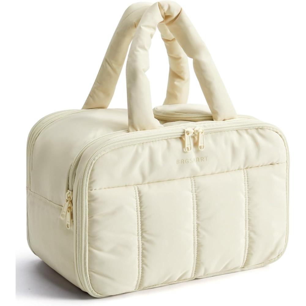 imageBAGSMART Travel Toiletry Bag Puffy Large Toiletry Bag for Women Lightweight Cosmetic Makeup Bag Organizer with Handle for Traveling Accessories Essentials Toiletries BlackCBeige
