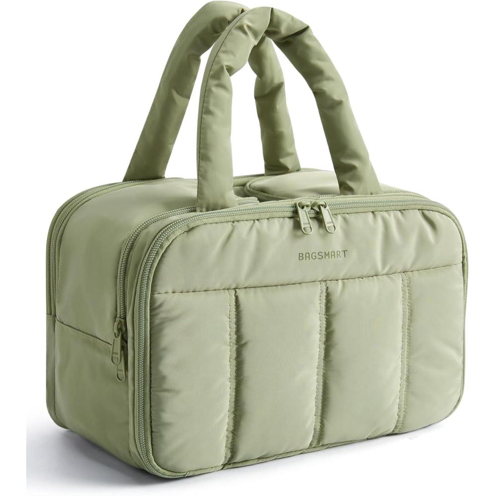 imageBAGSMART Travel Toiletry Bag Puffy Large Toiletry Bag for Women Lightweight Cosmetic Makeup Bag Organizer with Handle for Traveling Accessories Essentials Toiletries BlackEGreen