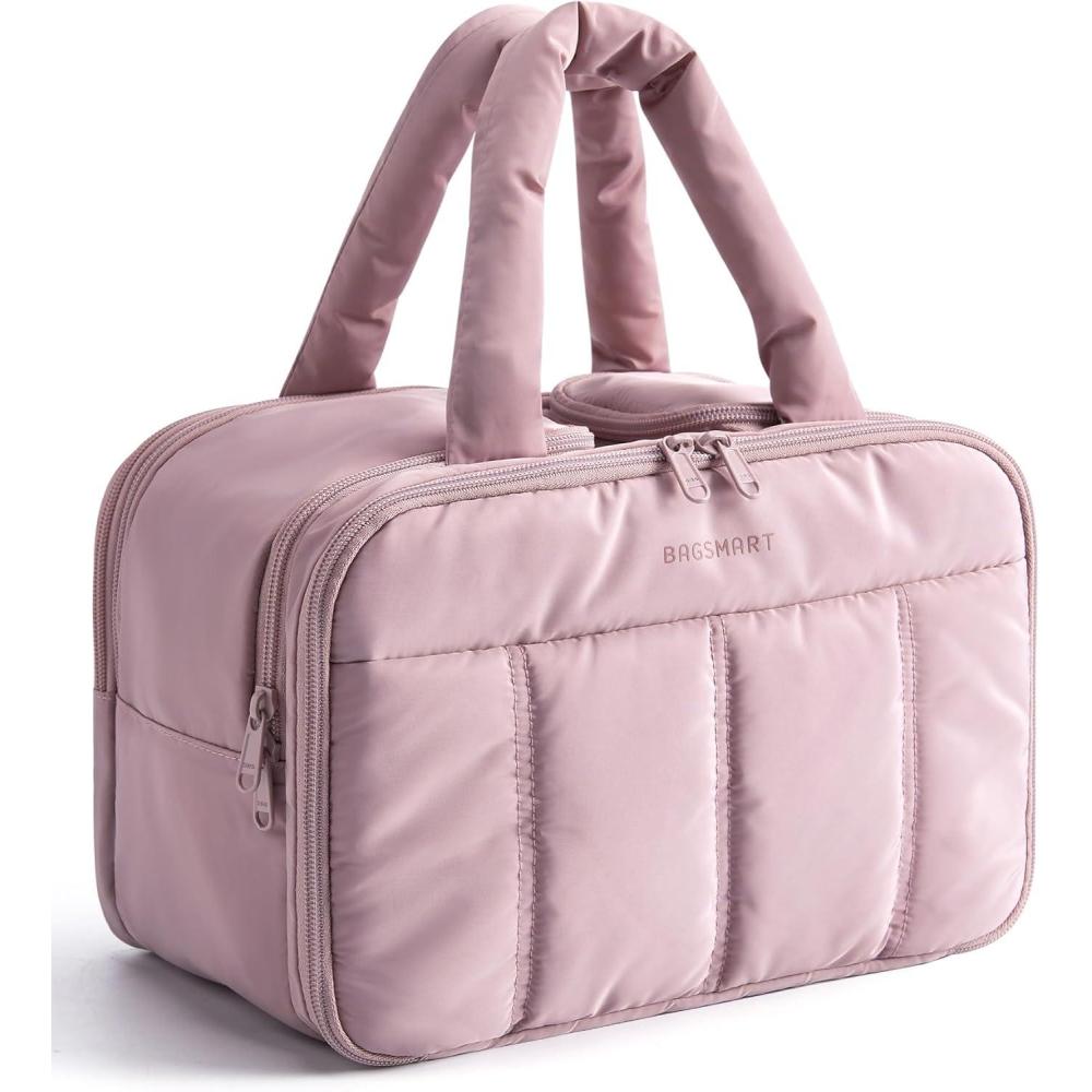 imageBAGSMART Travel Toiletry Bag Puffy Large Toiletry Bag for Women Lightweight Cosmetic Makeup Bag Organizer with Handle for Traveling Accessories Essentials Toiletries BlackGPurple