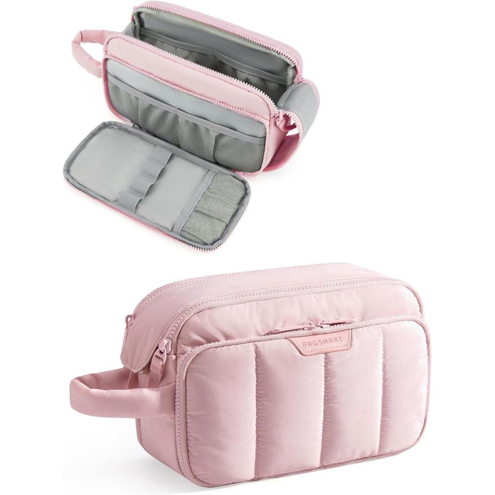 imageBAGSMART Travel Toiletry Bag for Women Wideopen Makeup Bag Organizer Puffy Make Up Case Large Capacity Cosmetic Organizer for Women for Travel Essentials Toiletries Accessories BottlesBlackPink